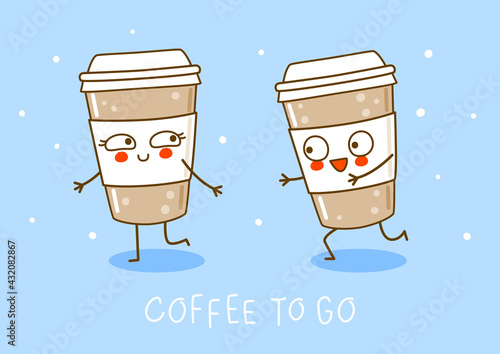 Cute coffee cups on blue background - cartoon characters for coffee to go design
