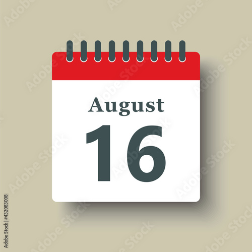 Icon day date 16 August, template calendar page