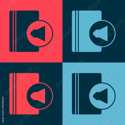 Pop art Audio book icon isolated on color background. Book with headphones. Audio guide sign. Online learning concept. Vector