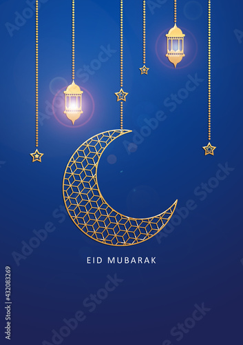Eid Mubarak Islamic Design Crescent Moon Stars and Lantern