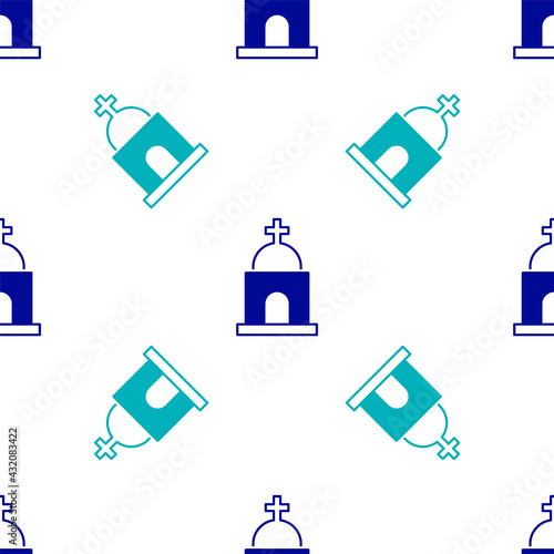 Blue Old crypt icon isolated seamless pattern on white background. Cemetery symbol. Ossuary or crypt for burial of deceased. Vector