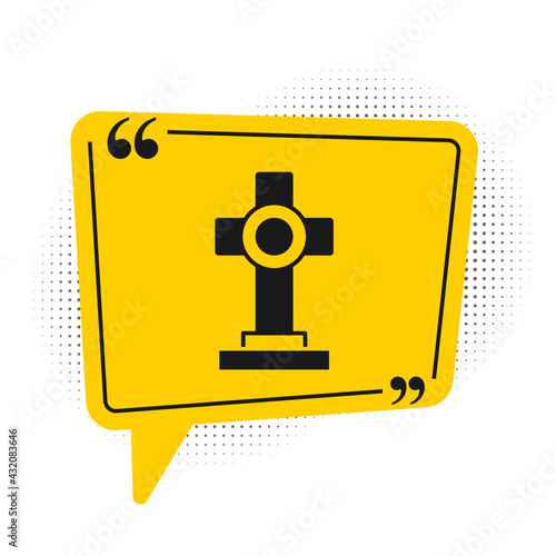 Black Grave with cross icon isolated on white background. Yellow speech bubble symbol. Vector