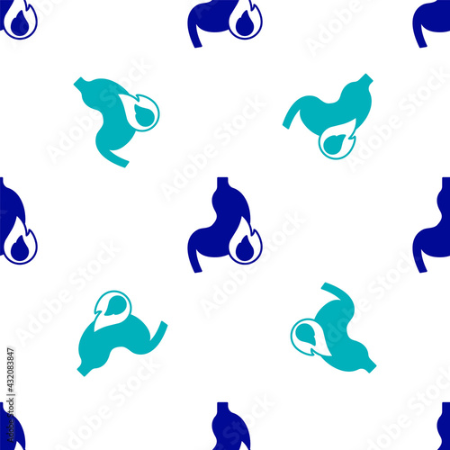 Blue Stomach heartburn icon isolated seamless pattern on white background. Stomach burn. Gastritis and acid reflux, indigestion and stomach pain problems. Vector