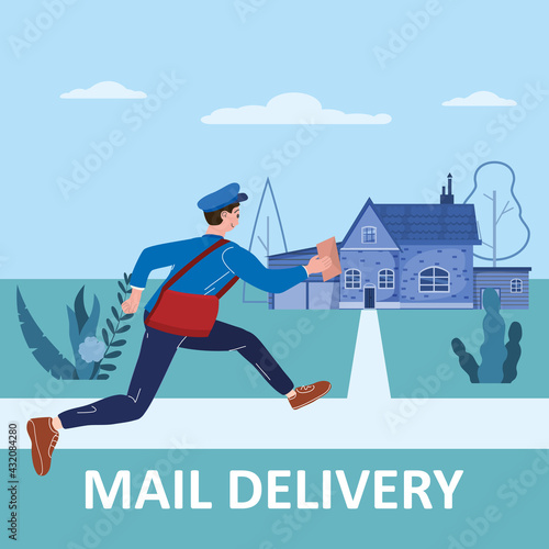 Postman running with bag delivering letter in envelope for house to address. Mailman in uniform carrying mail, delivery service. Vector illustration