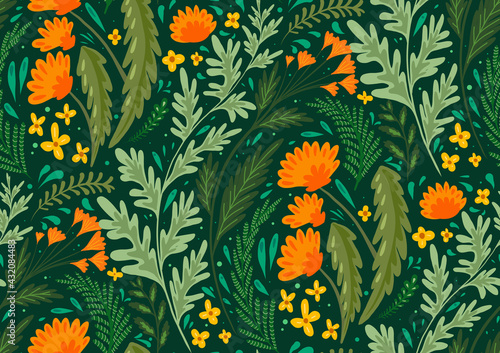 Seamless flat natural pattern with herbs and flowers of the fields. Wallpaper with dandelions, wormwood, fennel and buttercups. Fabric with plants. Vector background with steppe flora
