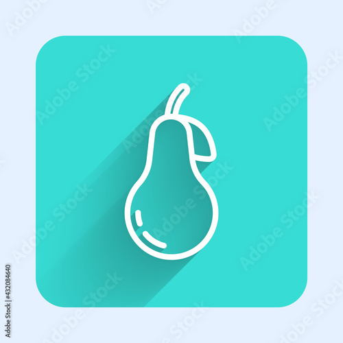 White line Pear icon isolated with long shadow. Fruit with leaf symbol. Green square button. Vector