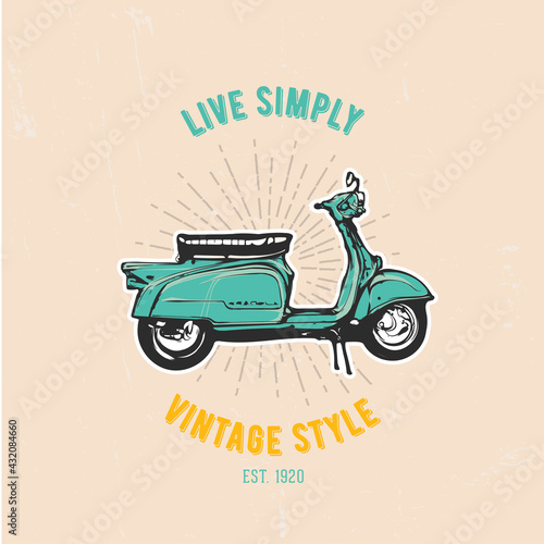 Old turquoise scooter, vector emblem, hand graphic