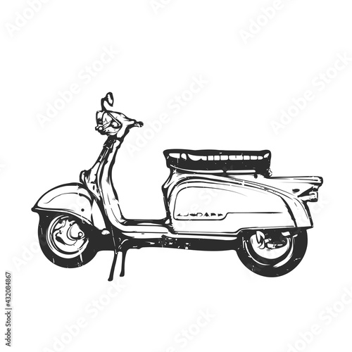 Old scooter, vintage vector emblem, hand graphic