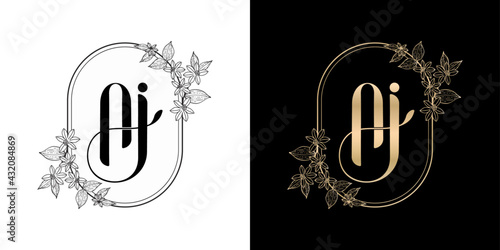 illustration of floral frame for AJ or AI initial letter and graphic name, Monogram, for Wedding couple symbolic, company and icon business, with two colors variation designs monochrome and golds.