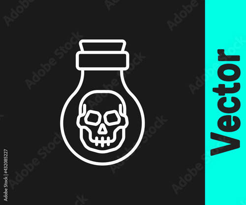 White line Poison in bottle icon isolated on black background. Bottle of poison or poisonous chemical toxin. Vector