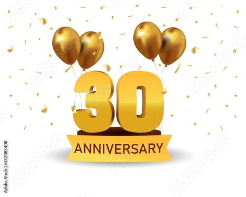 30 Anniversary gold numbers with golden confetti. Celebration anniversary event party template.