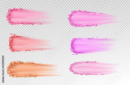 Dry powder, skin foundation smears, eye shadows brush strokes broken texture. Beauty make up cosmetics product swatch, smudge trace samples isolated on transparent background. Realistic 3d vector set