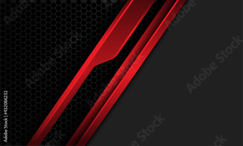 Abstract red metallic line cyber slash on dark grey hexagon mesh with blank space design modern futuristic background vector illustration.