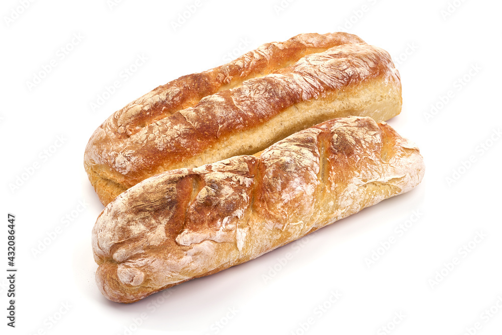 Freshly baked baguette, French bread, isolated on white background. High resolution image