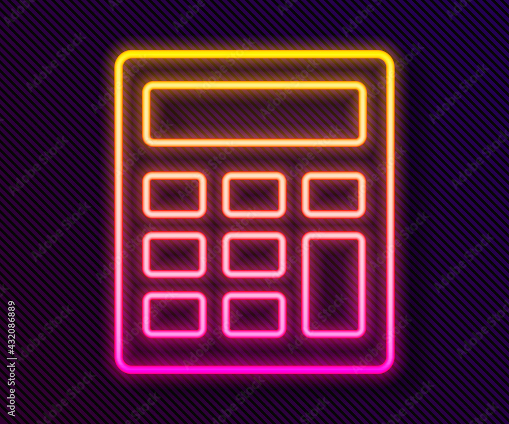 Glowing neon line Calculator icon isolated on black background. Accounting symbol. Business calculations mathematics education and finance. Vector Glowing neon line Calculator icon isolated on black background. Accounting symbol. Business calculations mathematics education and finance. Vector