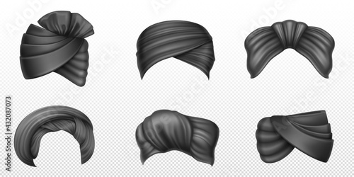 Black turbans, indian and arab headdress for man and woman. Vector realistic set of winding headscarves, traditional clothes in India, pagdi isolated on transparent background