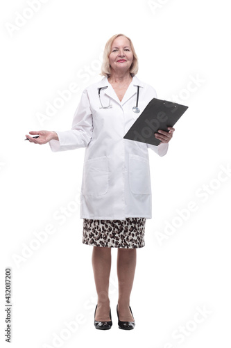 full-length. female doctor with clipboard. isolated on a white