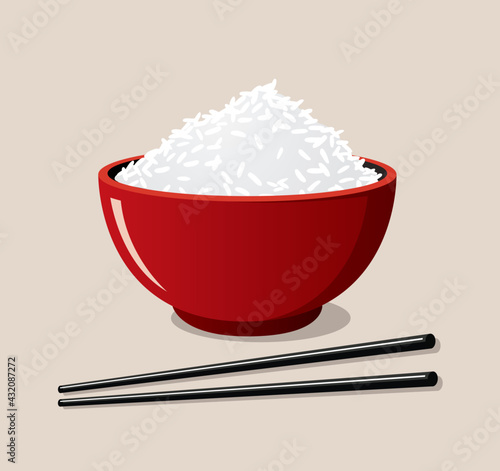 Red rice bowl and black chopsticks icon on a blackish cream background. Catoon style food for restaurant.