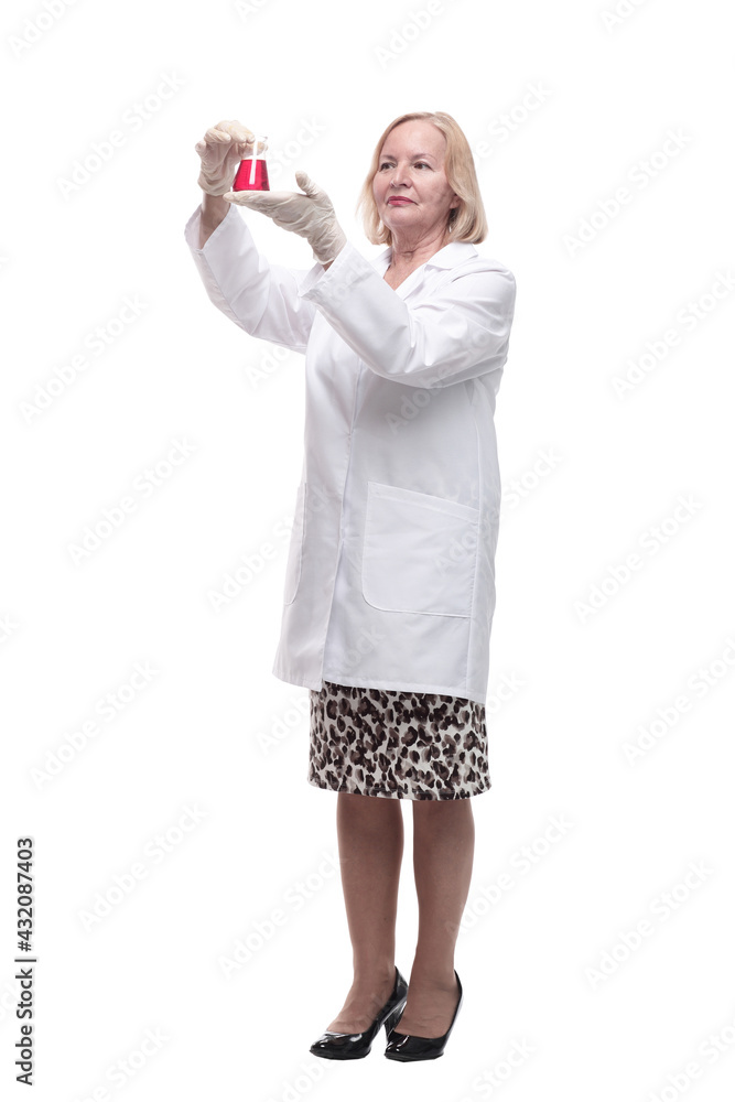 in full growth. smiling medical woman with a laboratory flask. in full growth. smiling medical woman with a laboratory flask.