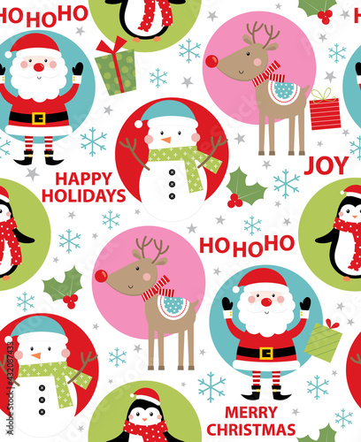 cheerful christmas seamless pattern with santa claus, reindeer, snowman and penguin design