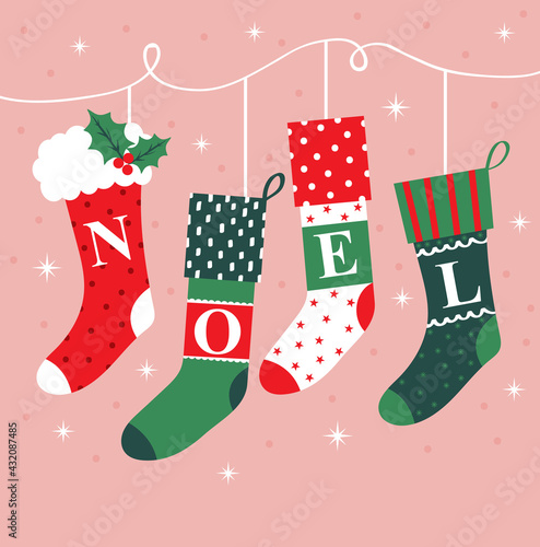 christmas greeting card with hanging socks decoration design