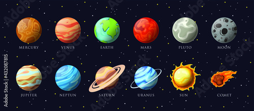 Cartoon solar system planets. Astronomical observatory small planet pluto, venus mercury neptune uranus meteor crater and star universe astronaut sign. Astronomy galaxy space vector isolated icons set