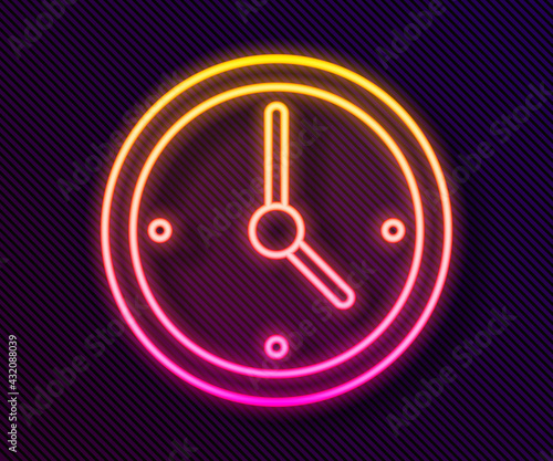 Glowing neon line Clock icon isolated on black background. Time symbol. Vector