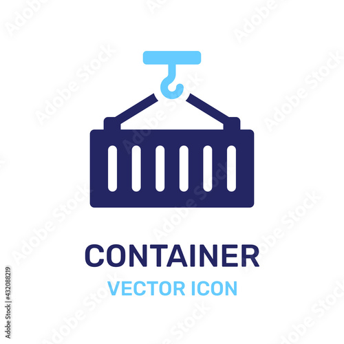 Freight shipping container hanging on crane hook icon. Shipping concept