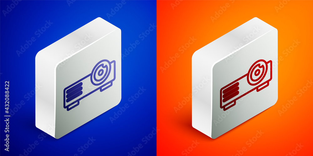 Isometric line Presentation, movie, film, media projector icon isolated on blue and orange background. Silver square button. Vector Isometric line Presentation, movie, film, media projector icon isolated on blue and orange background. Silver square button. Vector