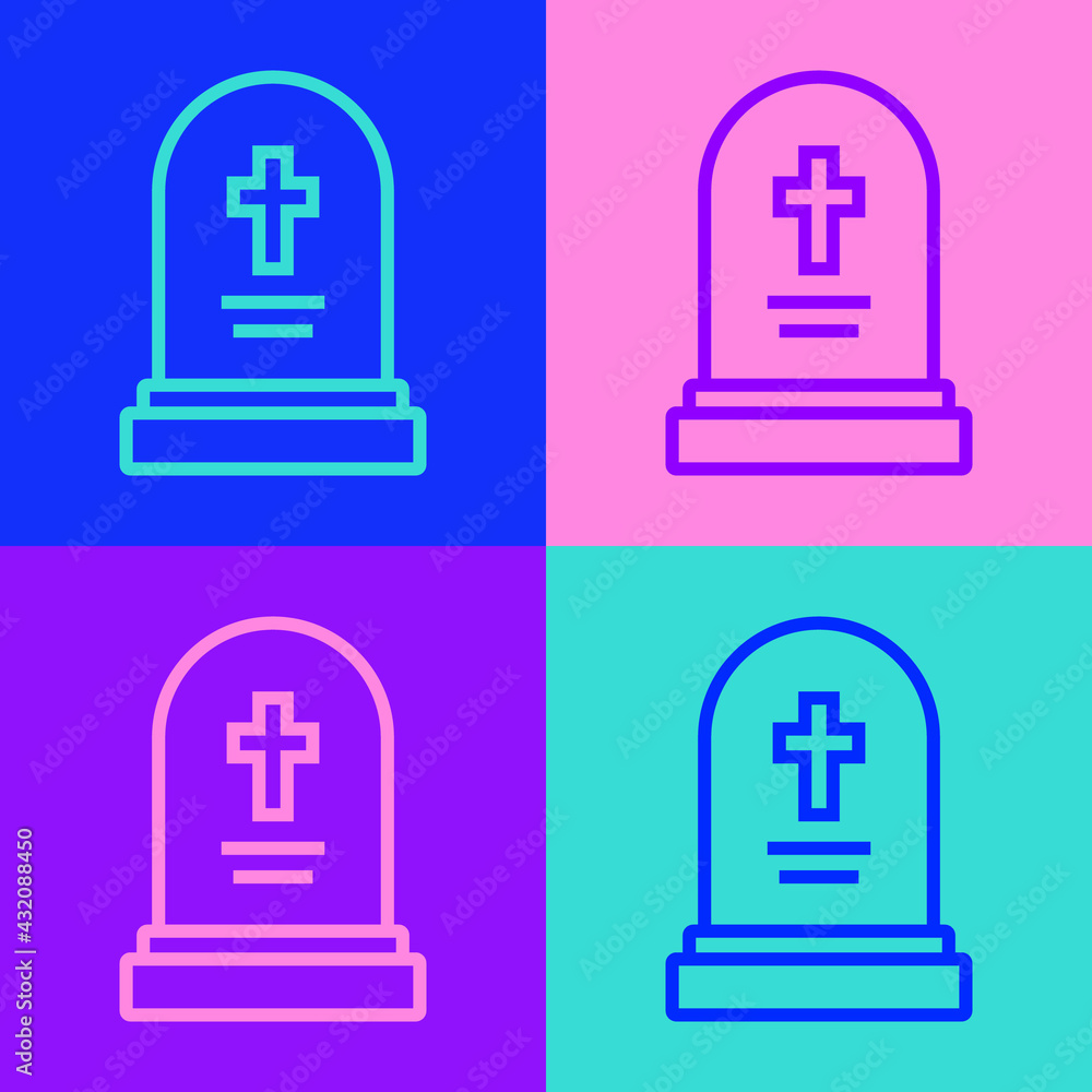 Pop art line Grave with tombstone icon isolated on color background. Vector Pop art line Grave with tombstone icon isolated on color background. Vector