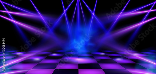 Dance floor, stage illuminated by blue and pink spotlights. Empty scene with spots of light on checkered floor. Vector realistic illustration of theater or club with color beams of lamps and smoke