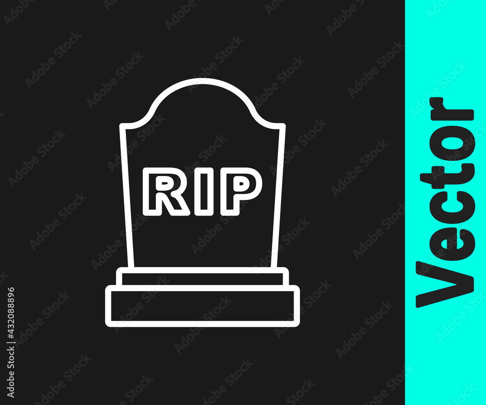 White line Tombstone with RIP written on it icon isolated on black background. Grave icon. Vector White line Tombstone with RIP written on it icon isolated on black background. Grave icon. Vector