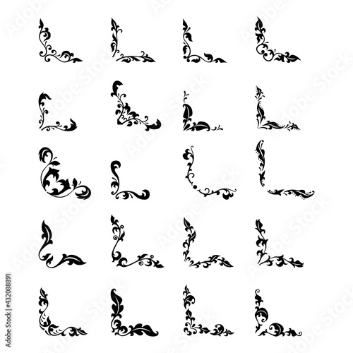 Collection creative hand drawn corner vintage style. Floral decorative element set for your design. Hand drawn black vintage corner set