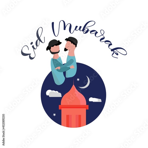 Eid Mubarak illustration. Two men hug each other on Eid day. Eid celebration.happy Ramadan Mubarak greeting concept with people character for web landing page template, banner, presentation, social.