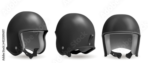 Retro motorcycle helmet in front, back and angle view. Head protection equipment for bike and motorbike race. Vector realistic 3d vintage black biker helmet isolated on white background