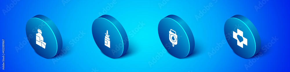 Set Isometric Bottle of medicine syrup, IV bag, Heart with cross and nasal spray icon. Vector Set Isometric Bottle of medicine syrup, IV bag, Heart with cross and nasal spray icon. Vector