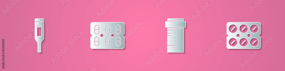 Set paper cut Medical digital thermometer, Pills in blister pack, Medicine bottle and icon. Paper art style. Vector Set paper cut Medical digital thermometer, Pills in blister pack, Medicine bottle and icon. Paper art style. Vector