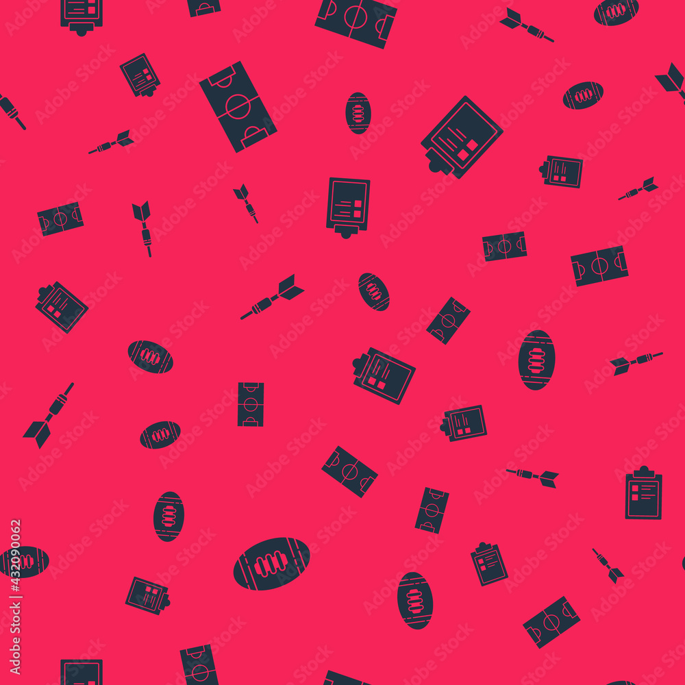 Set American Football ball, or soccer field, Dart arrow and Sport training program on seamless pattern. Vector