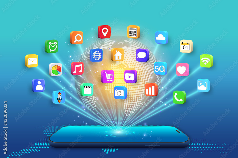 Application on Mobile, smartphone with application icons isolated on global network background as new technology and communication concept. vector illustration.
Application on Mobile, smartphone with application icons isolated on global network background as new technology and communication concept. vector illustration.