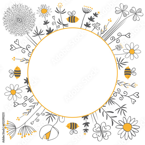 Blumen Wiese mit Bienen um symbolische Sonne, Erde, Welt - Tag der Erde Illustration Vektor