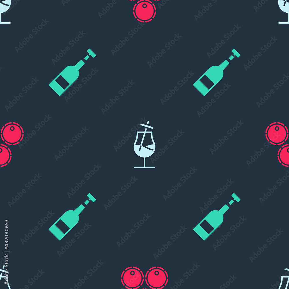 Set Wooden barrels, Cocktail and Opened bottle of wine on seamless pattern. Vector Set Wooden barrels, Cocktail and Opened bottle of wine on seamless pattern. Vector