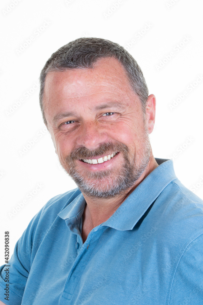 Portrait of confident handsome middle aged man smiling friendly standing on white background Portrait of confident handsome middle aged man smiling friendly standing on white background