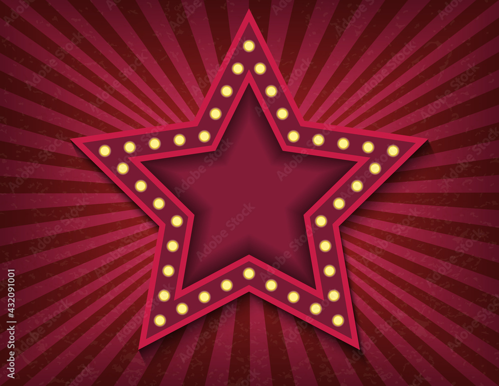 Brightly glowing star retro cinema neon sign. Circus style show banner template. Background vector poster image Brightly glowing star retro cinema neon sign. Circus style show banner template. Background vector poster image