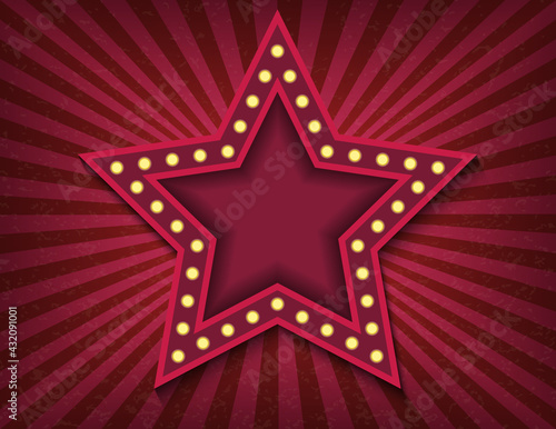 Brightly glowing star retro cinema neon sign. Circus style show banner template. Background vector poster image