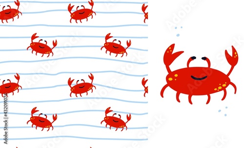 Red crab seamless pattern and illustration. Cartoon hand drawn marine childish clothers set, underwater animal on blue background. Kids decor textile, wrapping paper wallpaper vector print or fabric