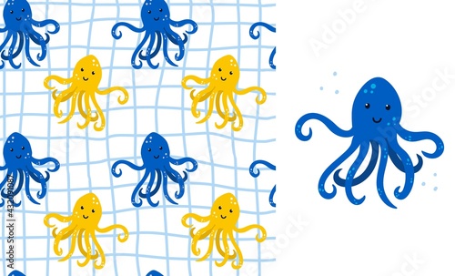 Octopus seamless pattern and illustration. Cartoon hand drawn marine childish clothers set, underwater animal on blue background. Kids decor textile wrapping paper wallpaper vector print or fabric