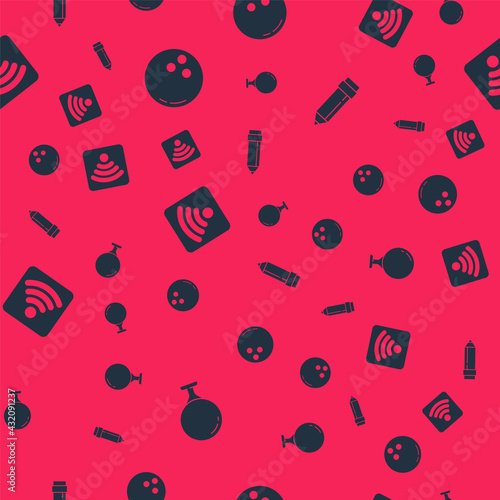 Set Golf ball on tee, Bowling, Wi-Fi wireless internet network and Pencil with eraser on seamless pattern. Vector