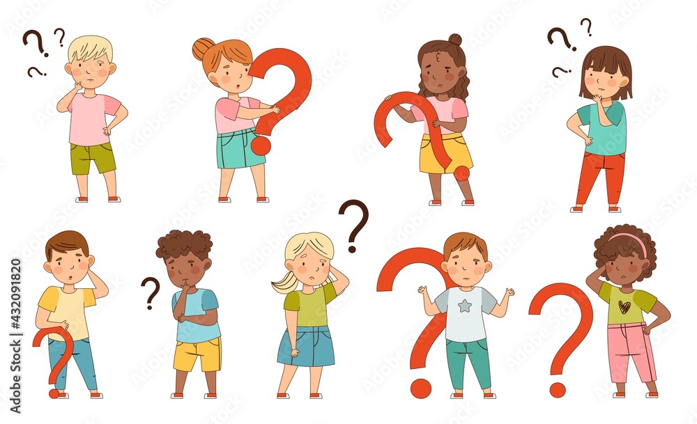 Puzzled Little Kids with Question Scratching Their Heads Wondering Vector Set Puzzled Little Kids with Question Scratching Their Heads Wondering Vector Set