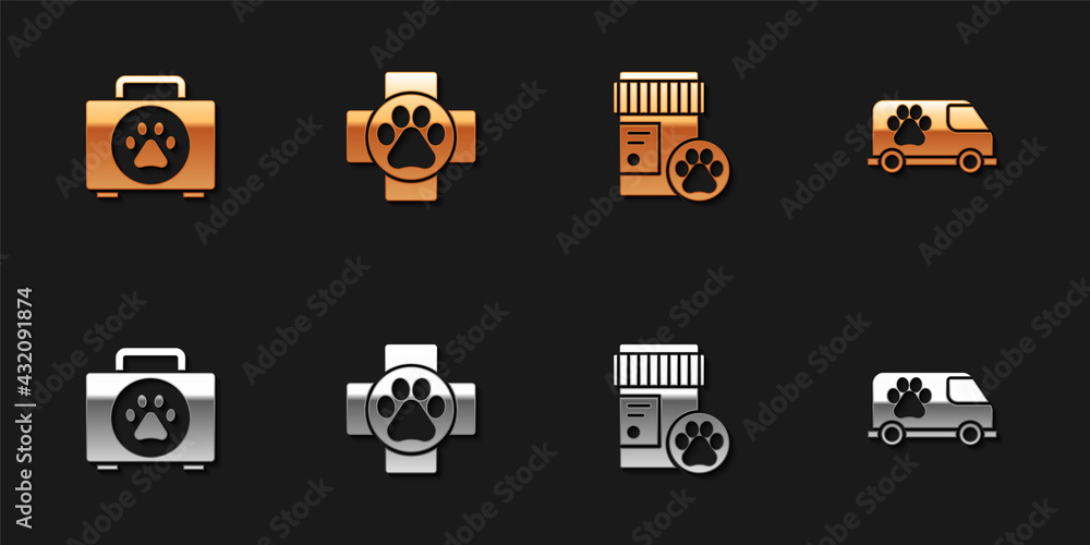 Set Pet first aid kit, Veterinary clinic, Dog medicine bottle and ambulance icon. Vector Set Pet first aid kit, Veterinary clinic, Dog medicine bottle and ambulance icon. Vector