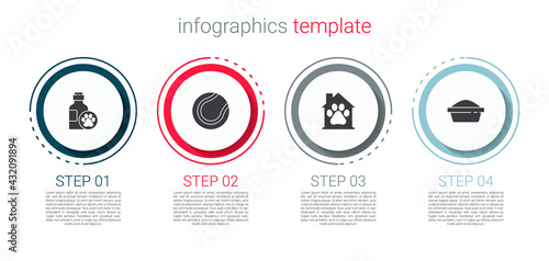 Set Pet shampoo, Tennis ball, house and food bowl. Business infographic template. Vector